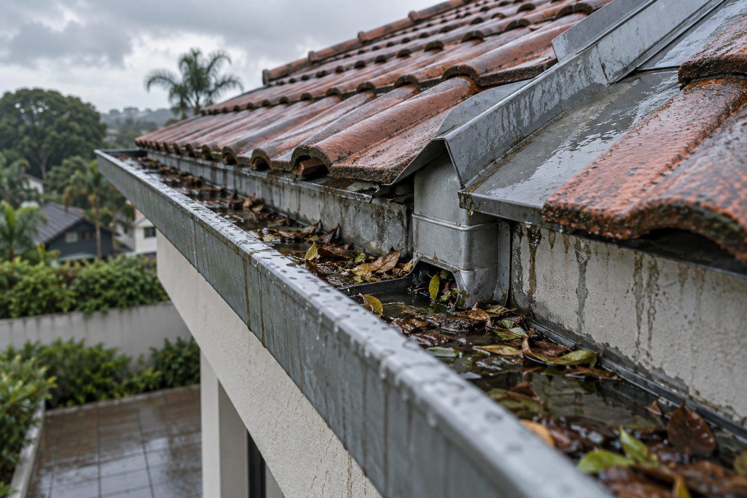 Calha, telhado e rufo após chuva, pontos observados em inspeção técnica