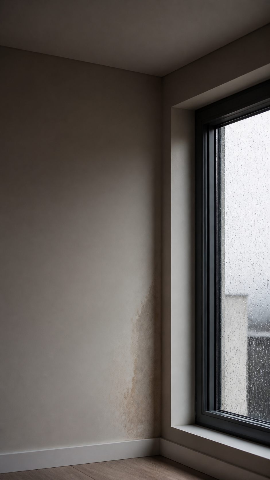 Sinais de umidade próximos a uma janela em dia de chuva