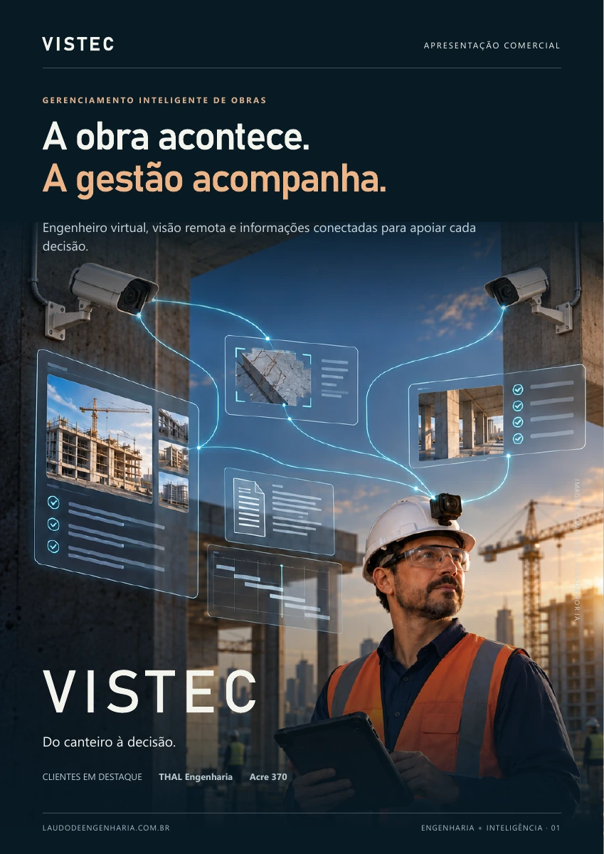 Página 1 de 8. VISTEC: a obra acontece, a gestão acompanha. Engenheiro com câmera no capacete e duas câmeras fixas conectadas. Clientes: THAL Engenharia e Acre 370.