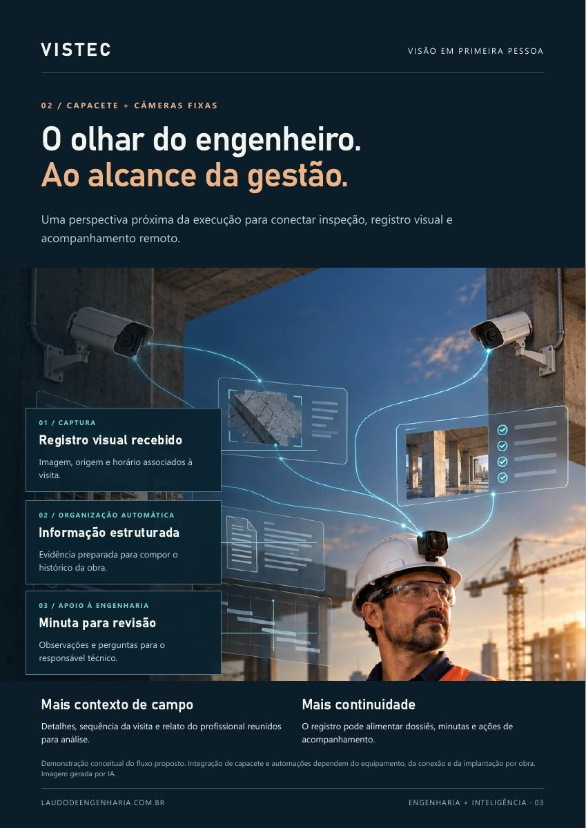 Página 3 de 8. Capacete e câmeras fixas: captura visual, organização automática da informação e minuta para revisão. Demonstração conceitual; integração e automações dependem da implantação por obra.